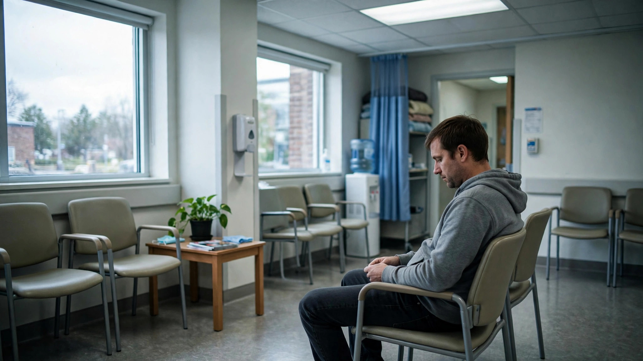 A quiet MRI waiting room, clinical, slightly cold light, but a person sitting in a chair who looks completely ordinary, like someone you know.