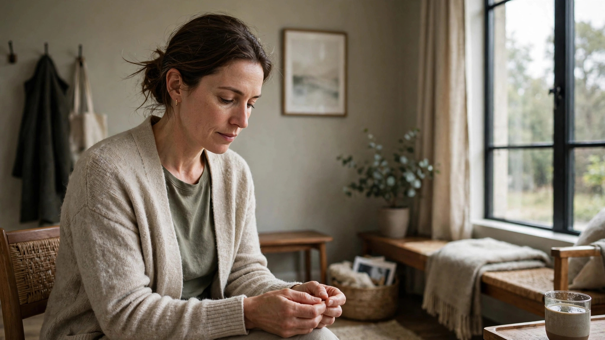 A person in a therapy waiting room, not in crisis, just sitting quietly.