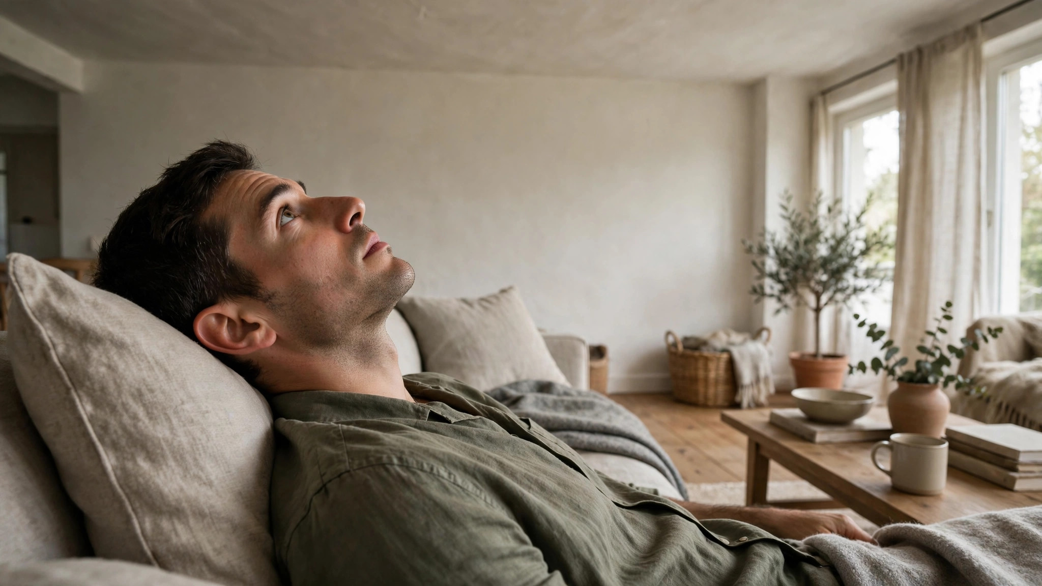 Someone lying on a sofa, eyes open, looking at the ceiling.