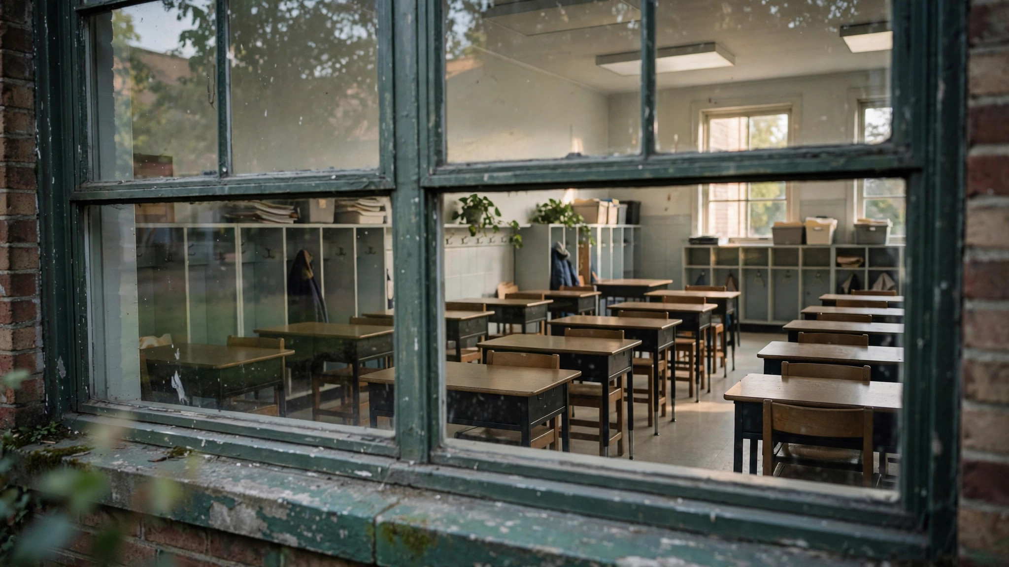 A childhood classroom from the outside, looking through a window at rows of empty desks.