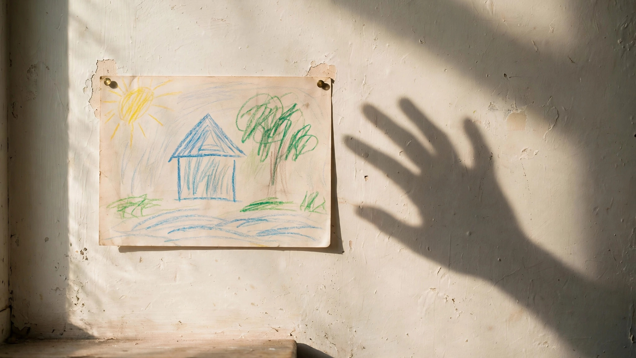 A child's drawing pinned to a wall, something made in school, slightly faded.