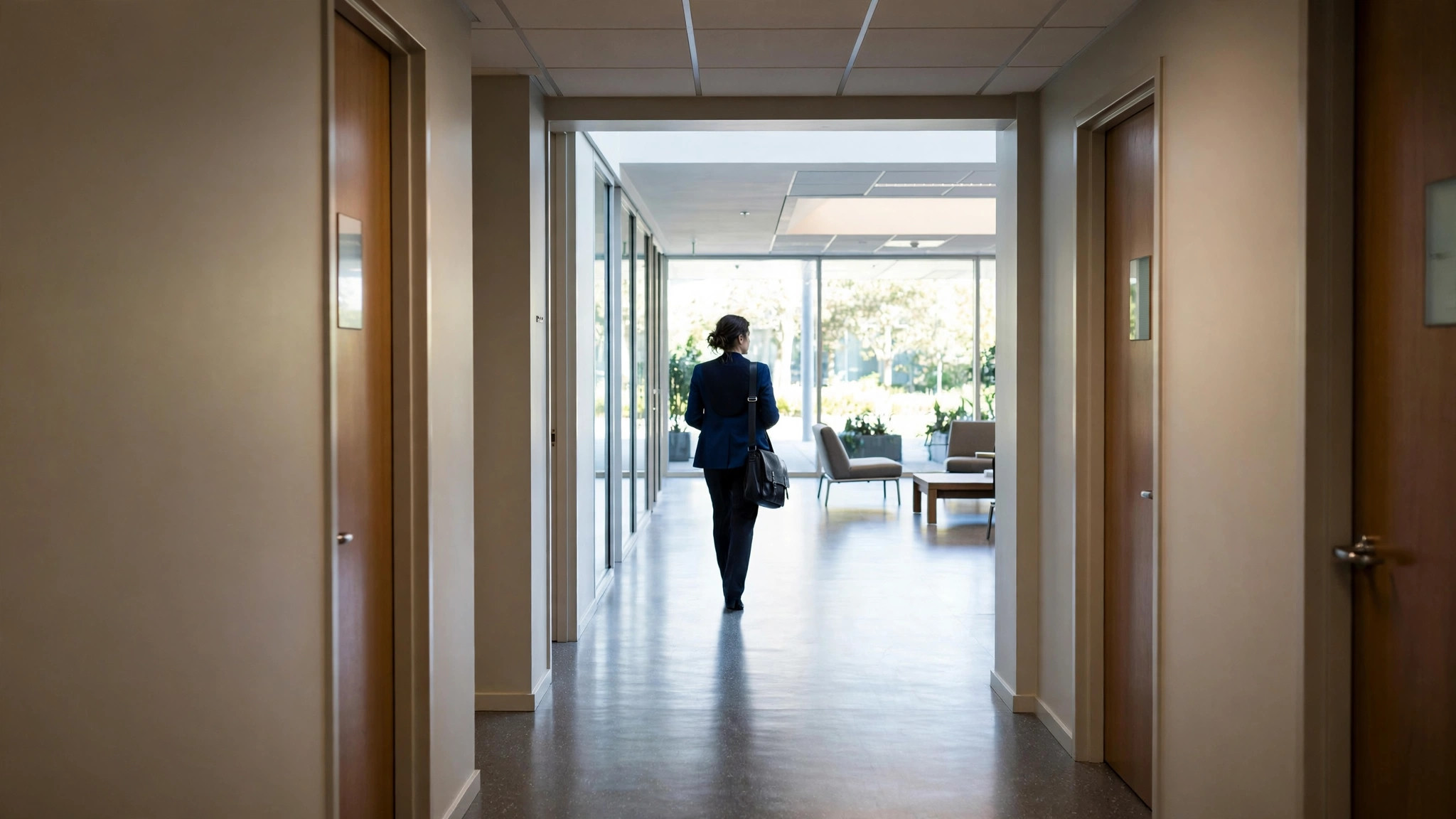 A professional at the end of a corridor, facing away, they have arrived somewhere.