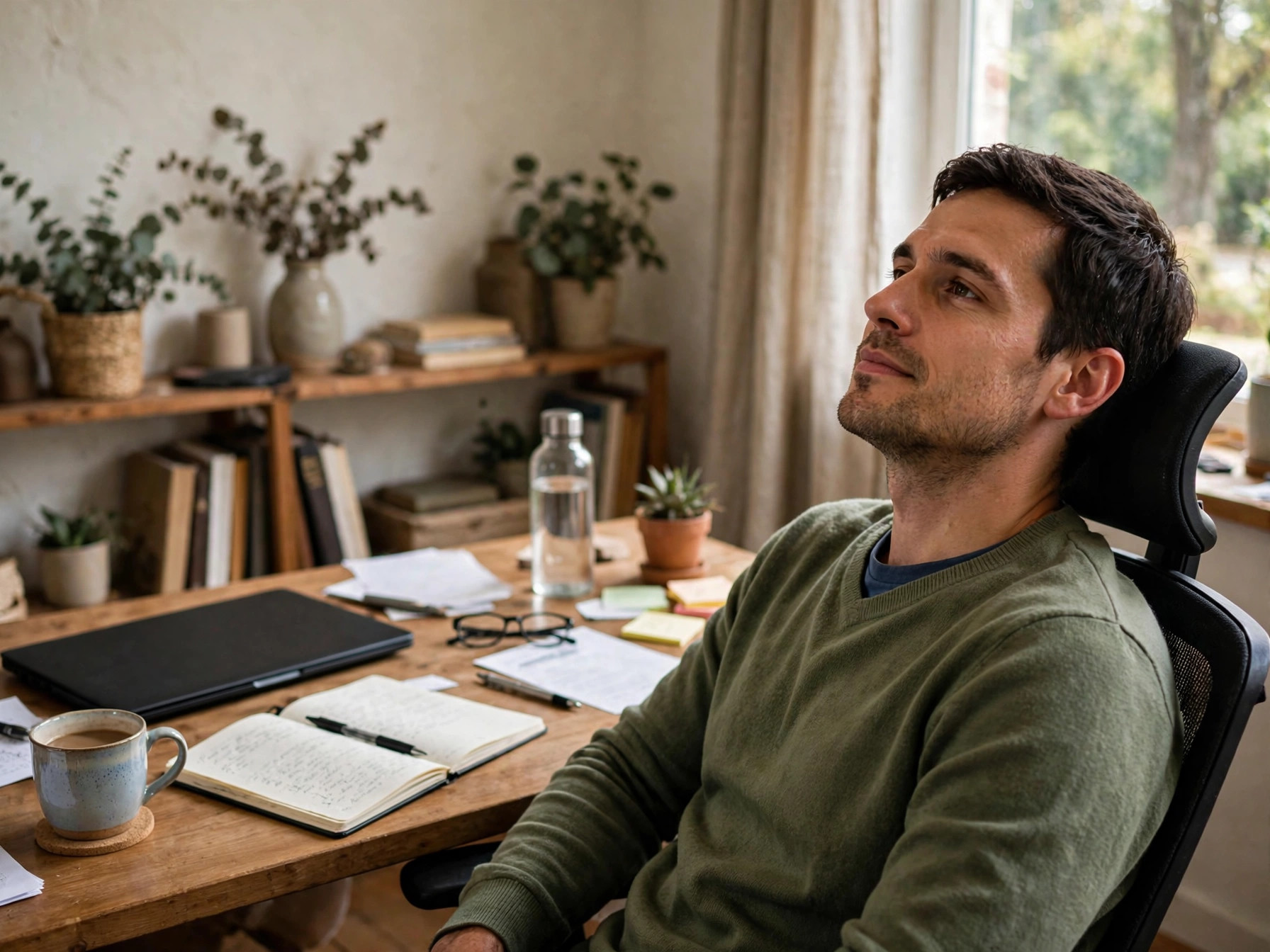 A person at a desk, laptop closed, leaning back slightly, the specific posture of someone who has just done something that needed doing and can now wait.