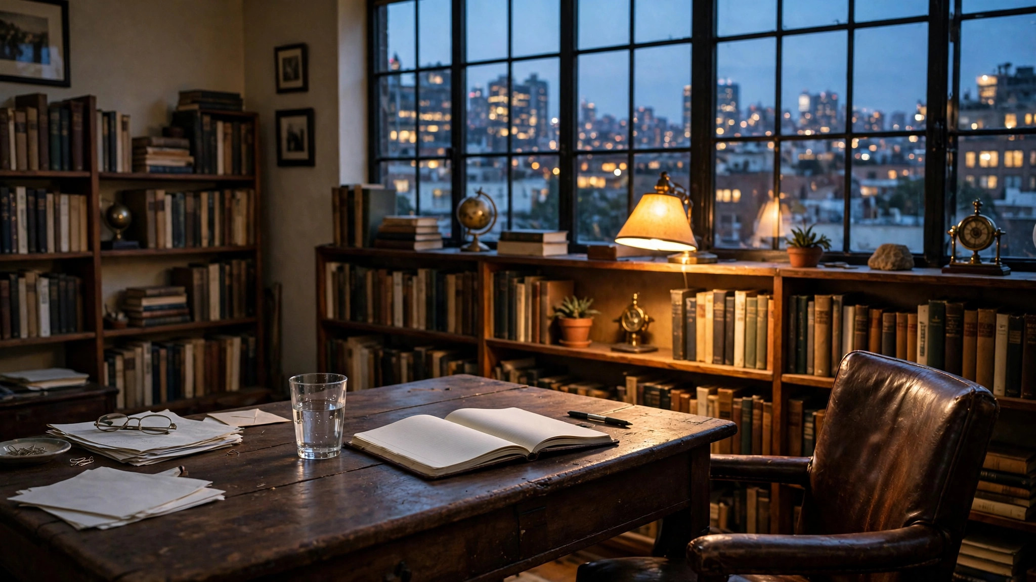 A private home study at dusk.