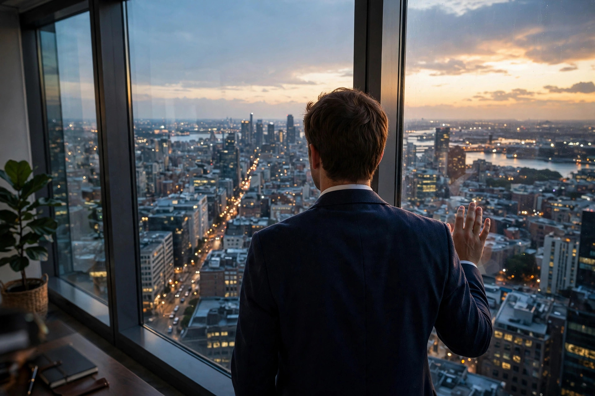 A professional looking out of a large office window at a city below.