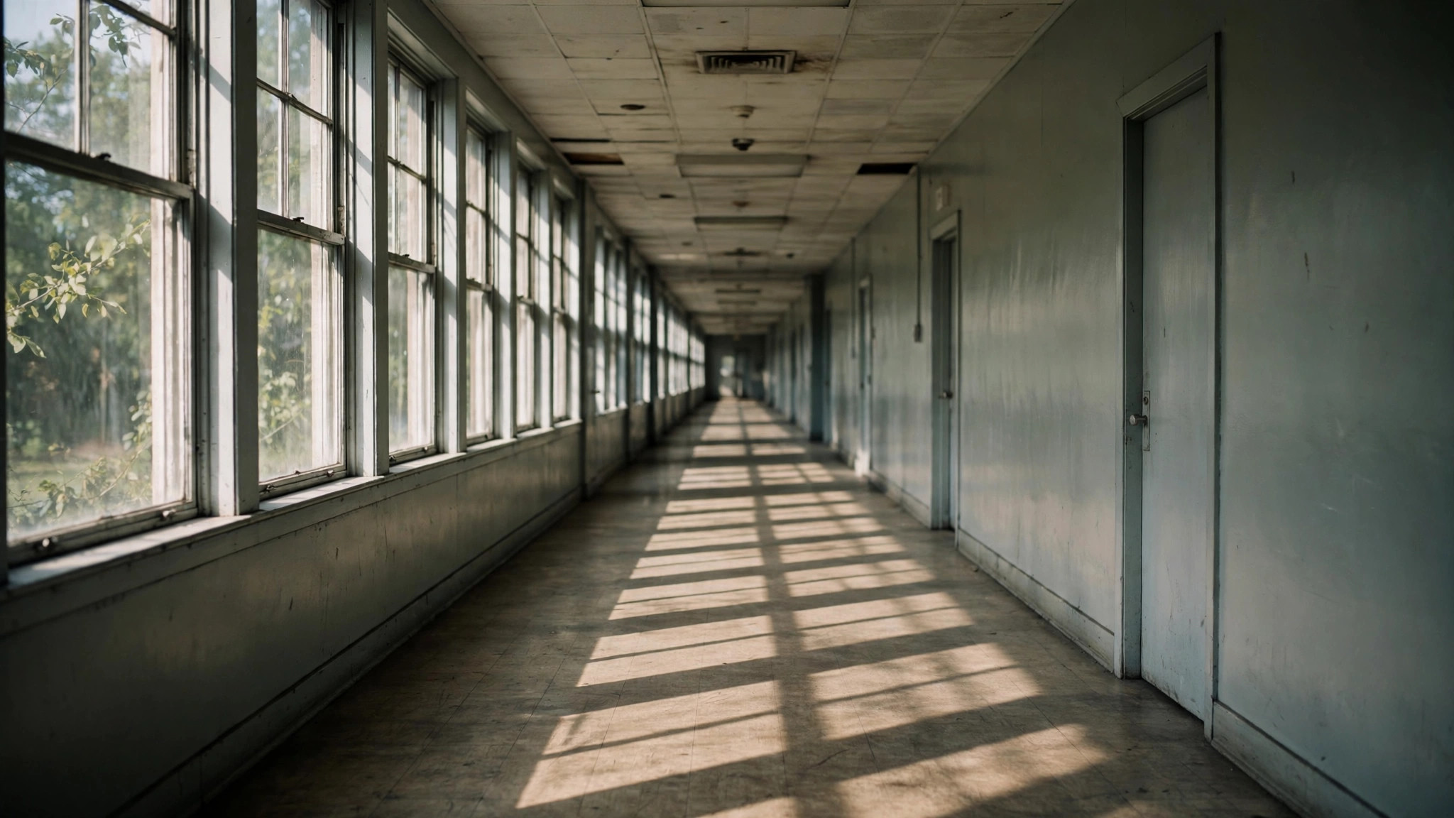 A long, slightly blurred corridor, school or institutional building.