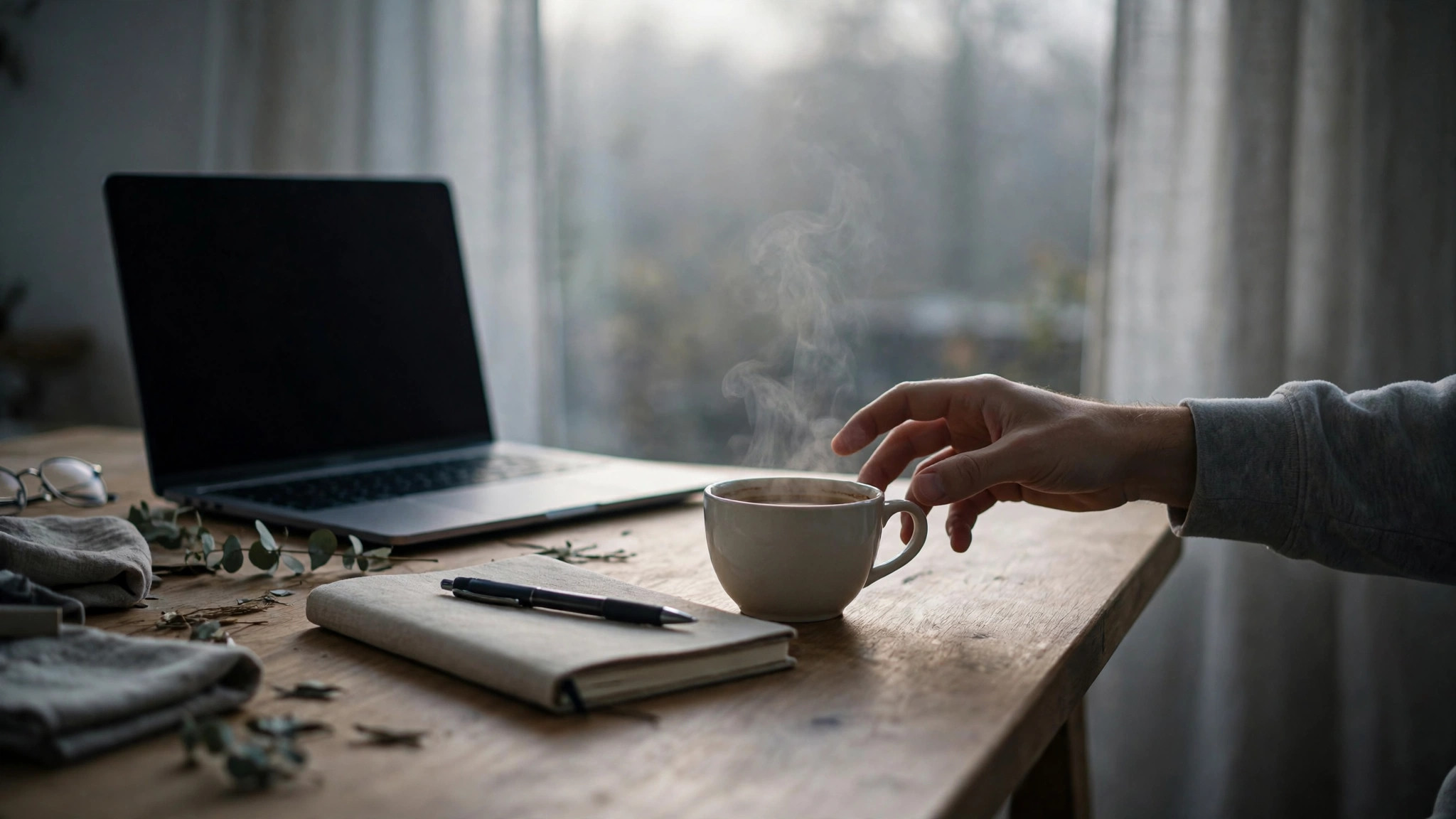 An early morning desk, before the day has fully started.